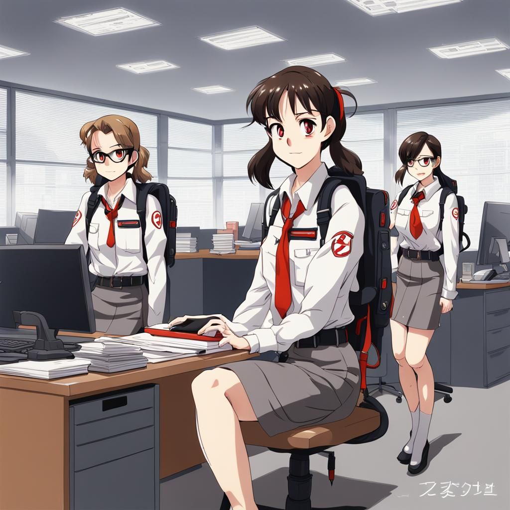 Female Ghostbusters in Anime Style Office