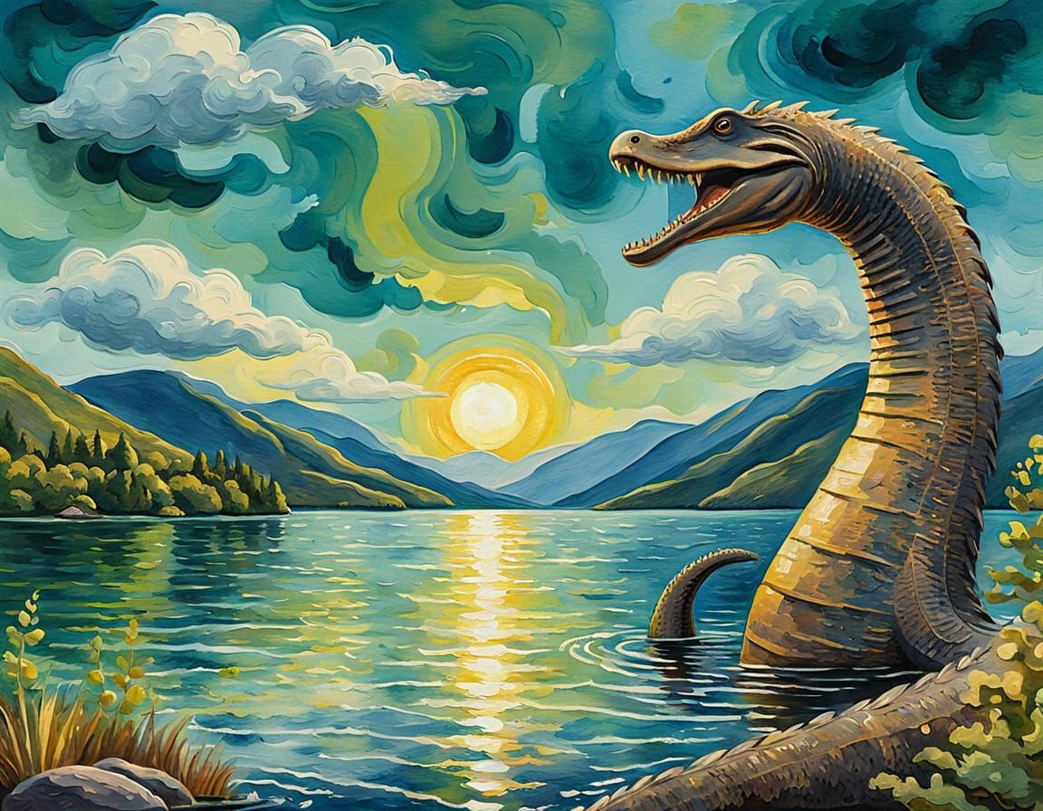 Ethereal Loch Ness Monster in Soft Focus, Heavenly Sunshine,...