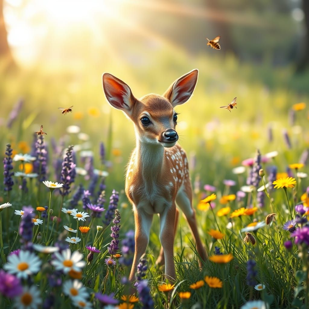 Charming Fawn in a Vibrant Wildflower Meadow