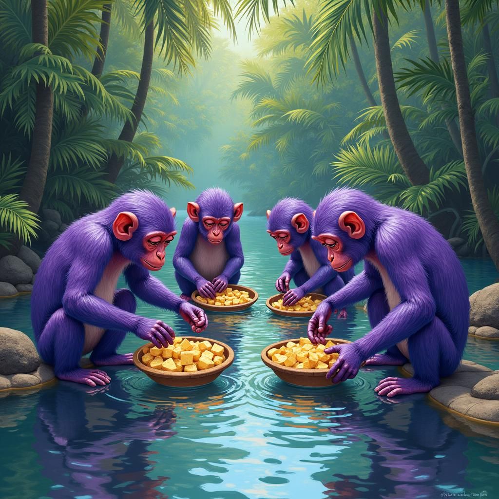 Purple Monkeys Panning for Gold and Eating Cheese