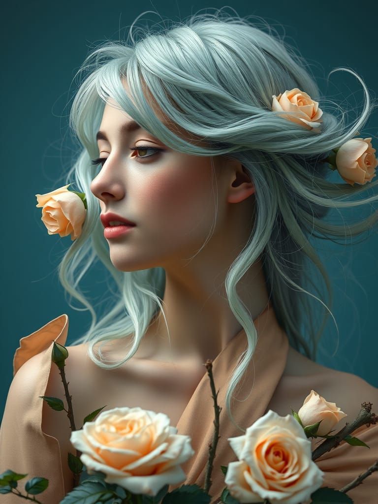 Woman with Roses Portrait in Hyperrealist Style