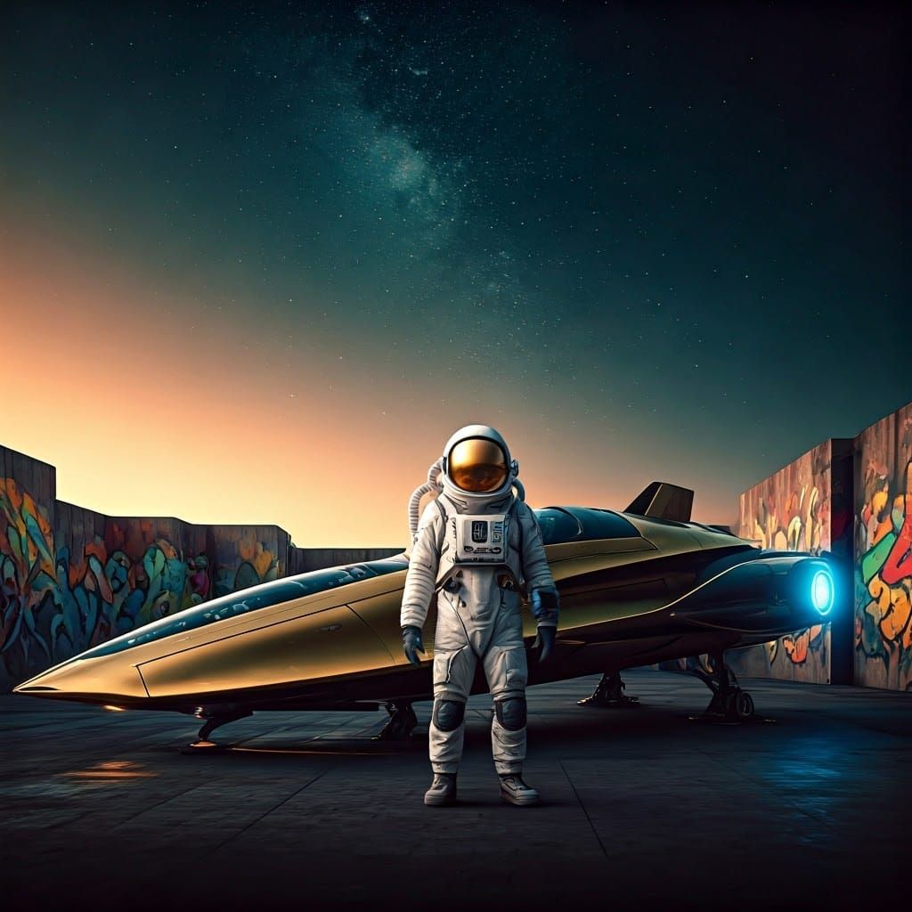 Astronaut Stands Heroically Next to Spaceship in Futuristic ...