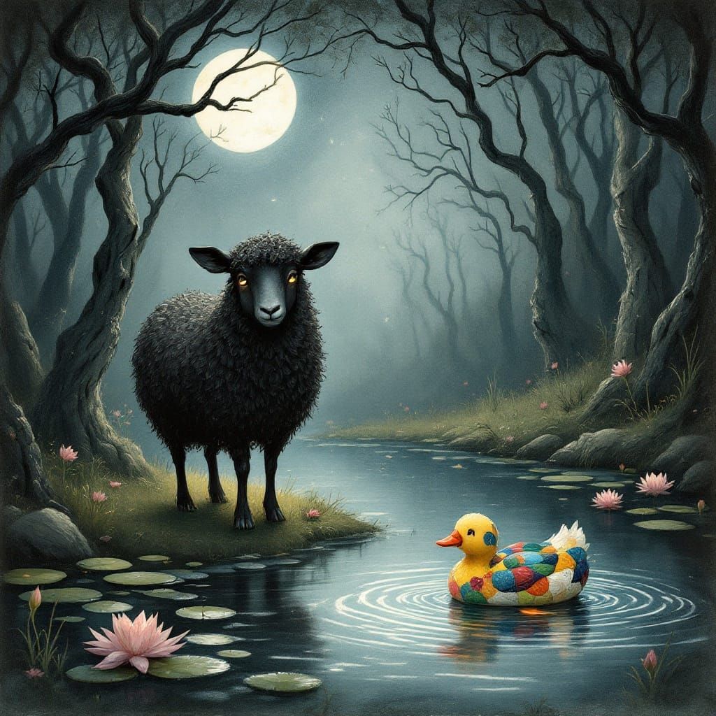 Whimsical Sheep Dances in Moonlit Forest