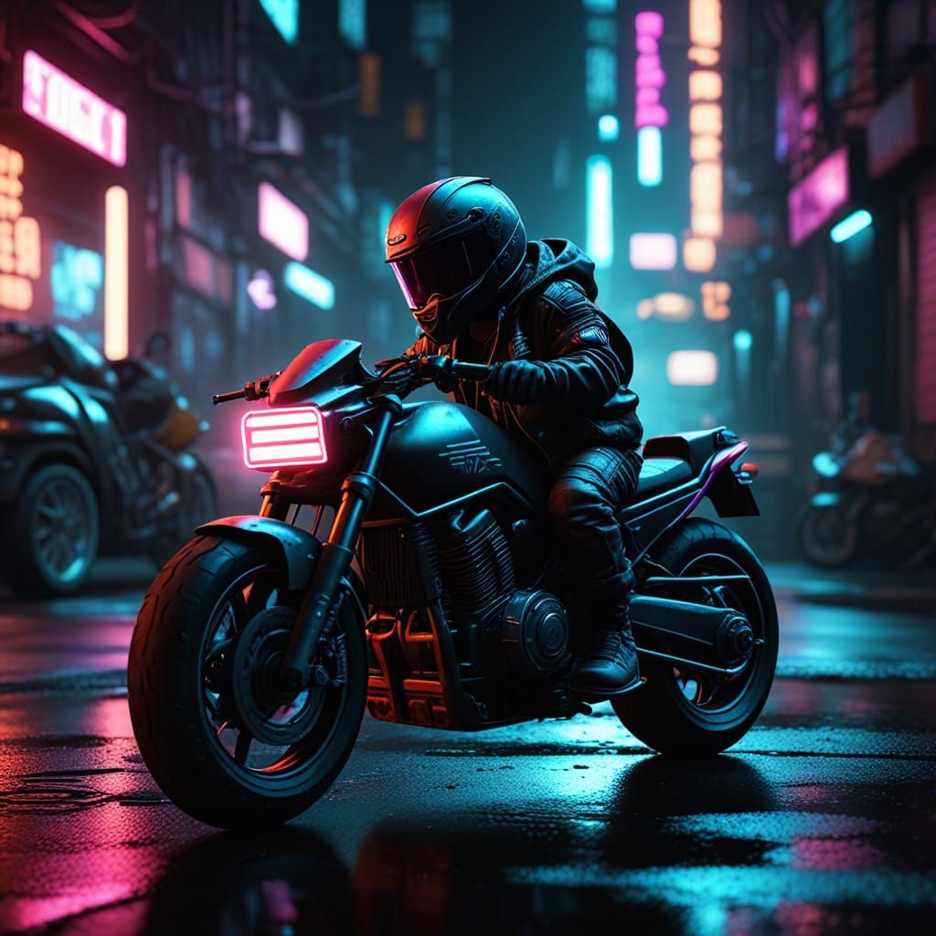 Baby Rides Motorcycle in Cyberpunk Neon Alley