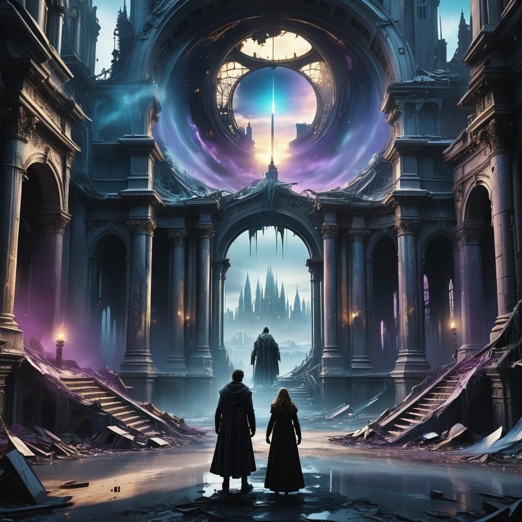 Dark Gothic Masterpiece: Twisted Figure in Ravaged Cityscape