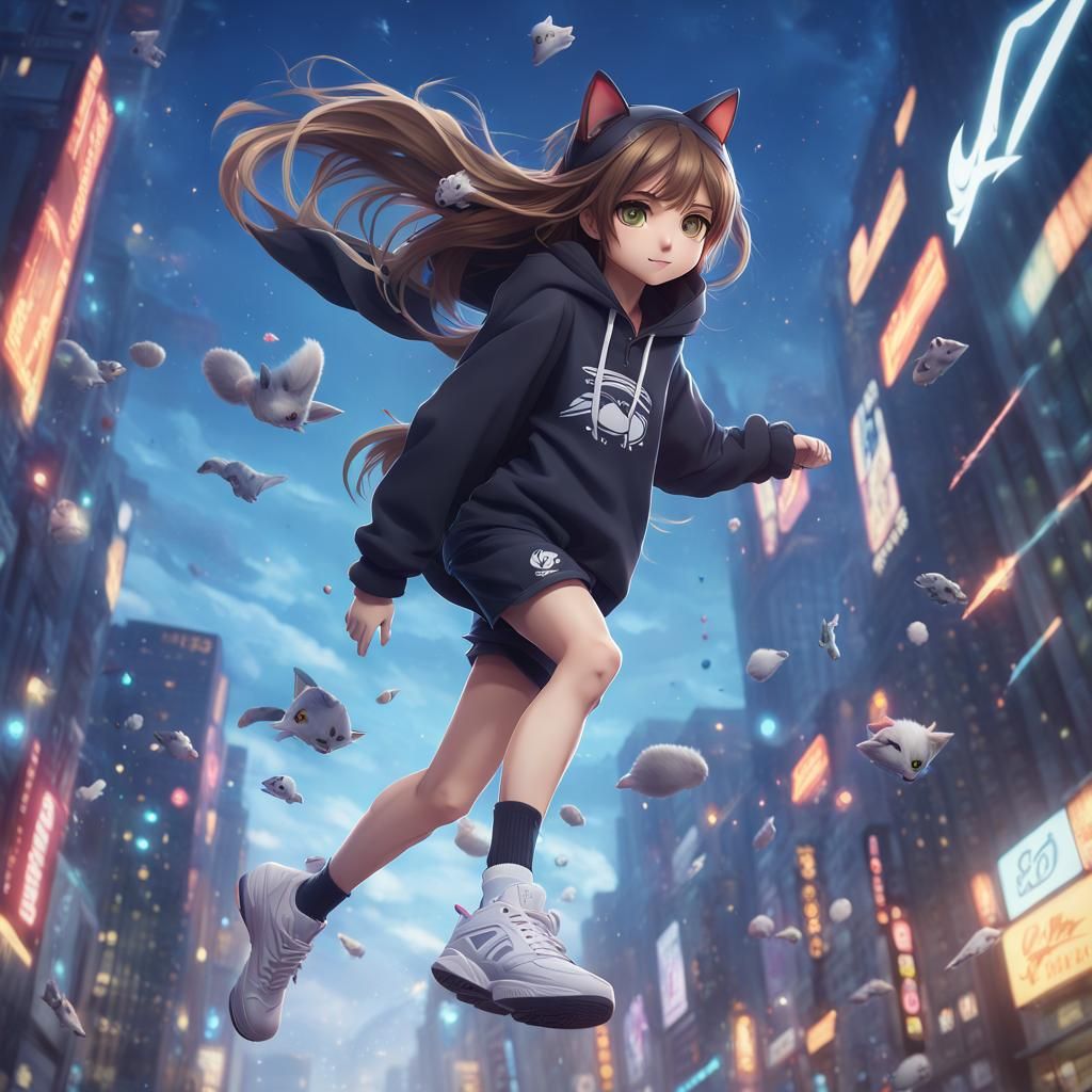 Anime Girl in Cat Hoodie Floating