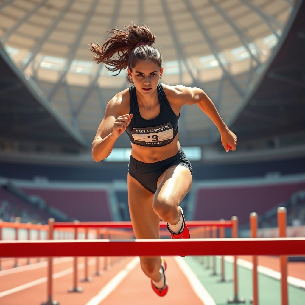 High-Tech Athlete Soars Over Hurdle in Vibrant Stadium