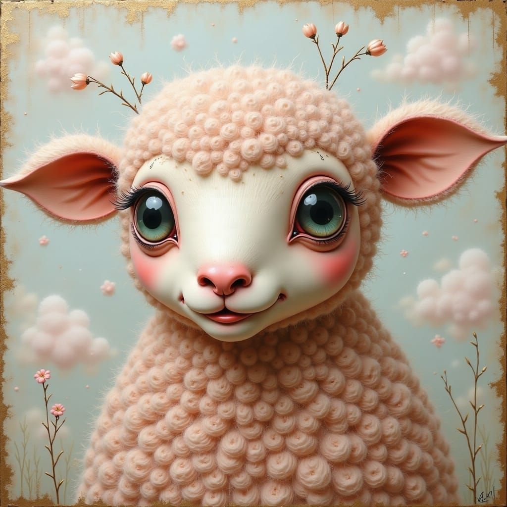 Charming Surreal Sheep Robot in Folk-Art Style