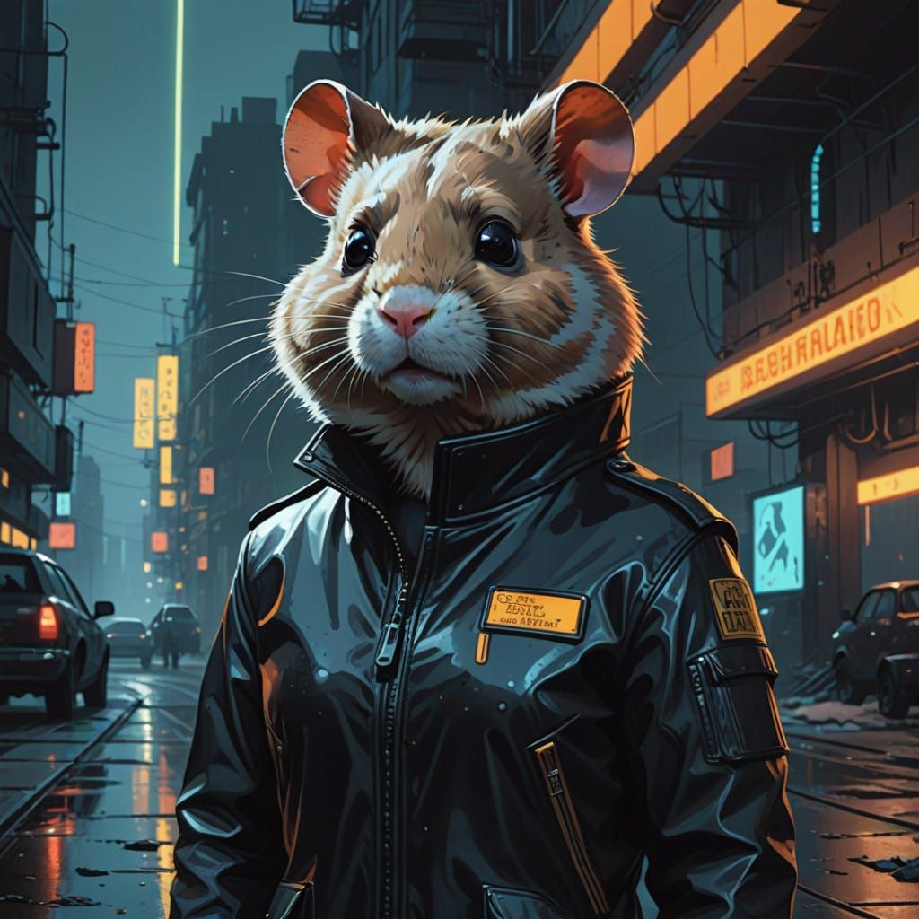 Confident Cyberpunk Hamster in Noir-Inspired Portrait