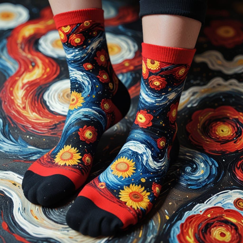 Hyperrealistic Close-Up of Woman in Van Gogh Socks