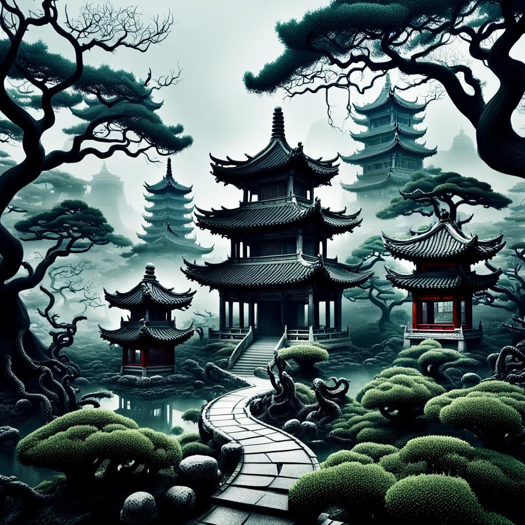 Surreal Horror Chinese Garden Inspired by Junji Ito