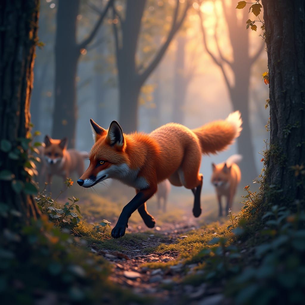 Red Fox Evades Hounds in Ethereal Forest Matte Painting