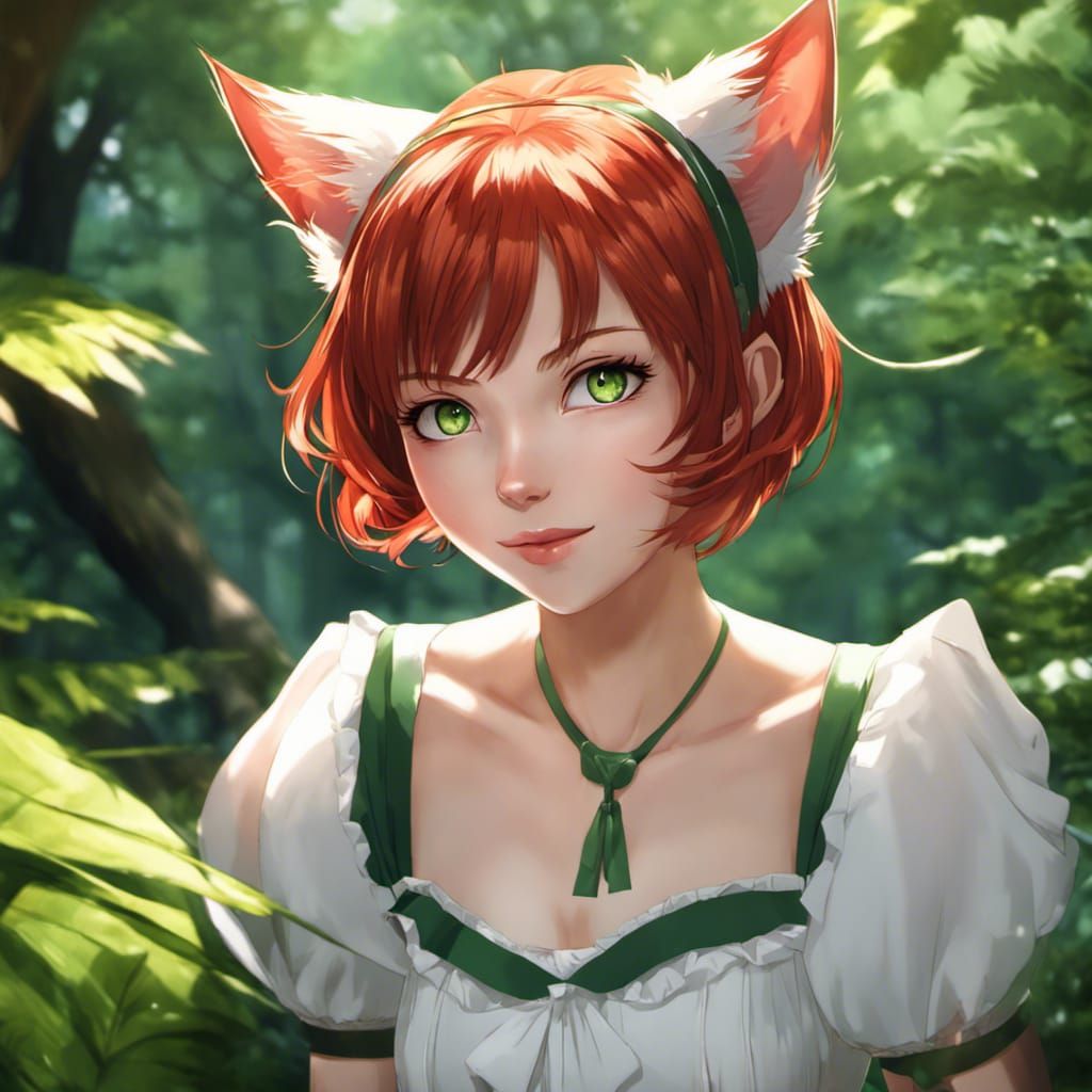 Anime Cat Girl Portrait with Red Hair in Forest