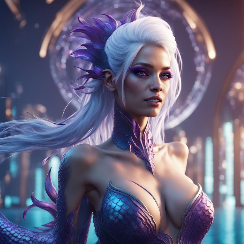 Futuristic Blue Mermaid with White Hair, Digital Art