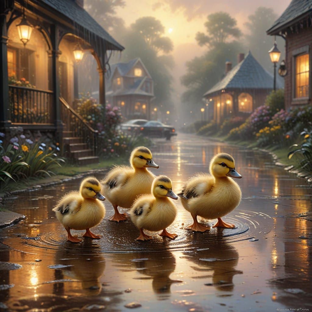 Ducklings Splashing in Golden Light, Lowbrow Art