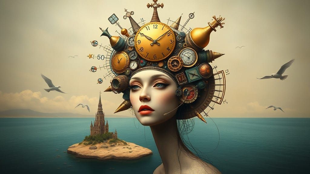 Clockpunk Goddess in Whimsical Surreal Landscape