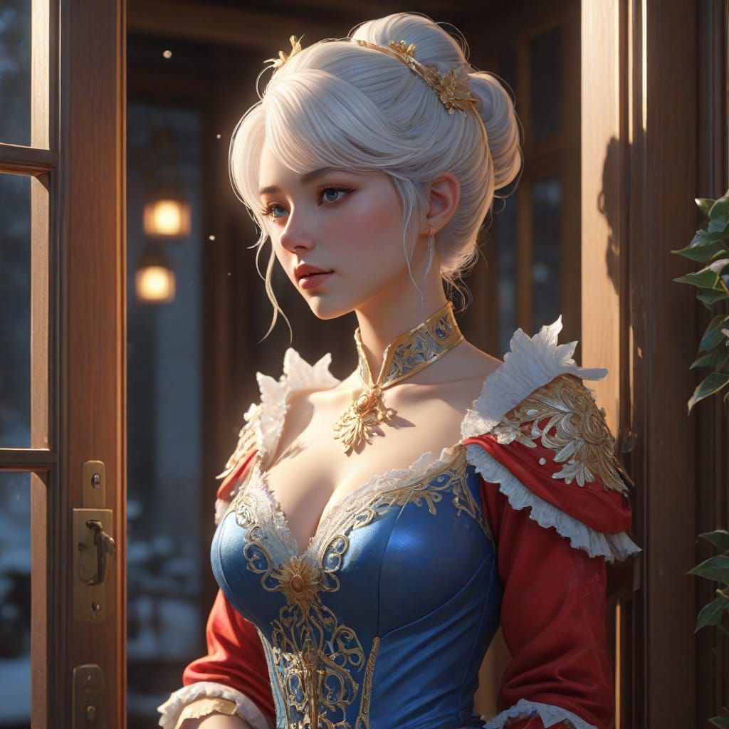 Mrs. Clause standing by the door waiting for Santa to get home from his late night rendezvous. By artist "anime", 3d ani...