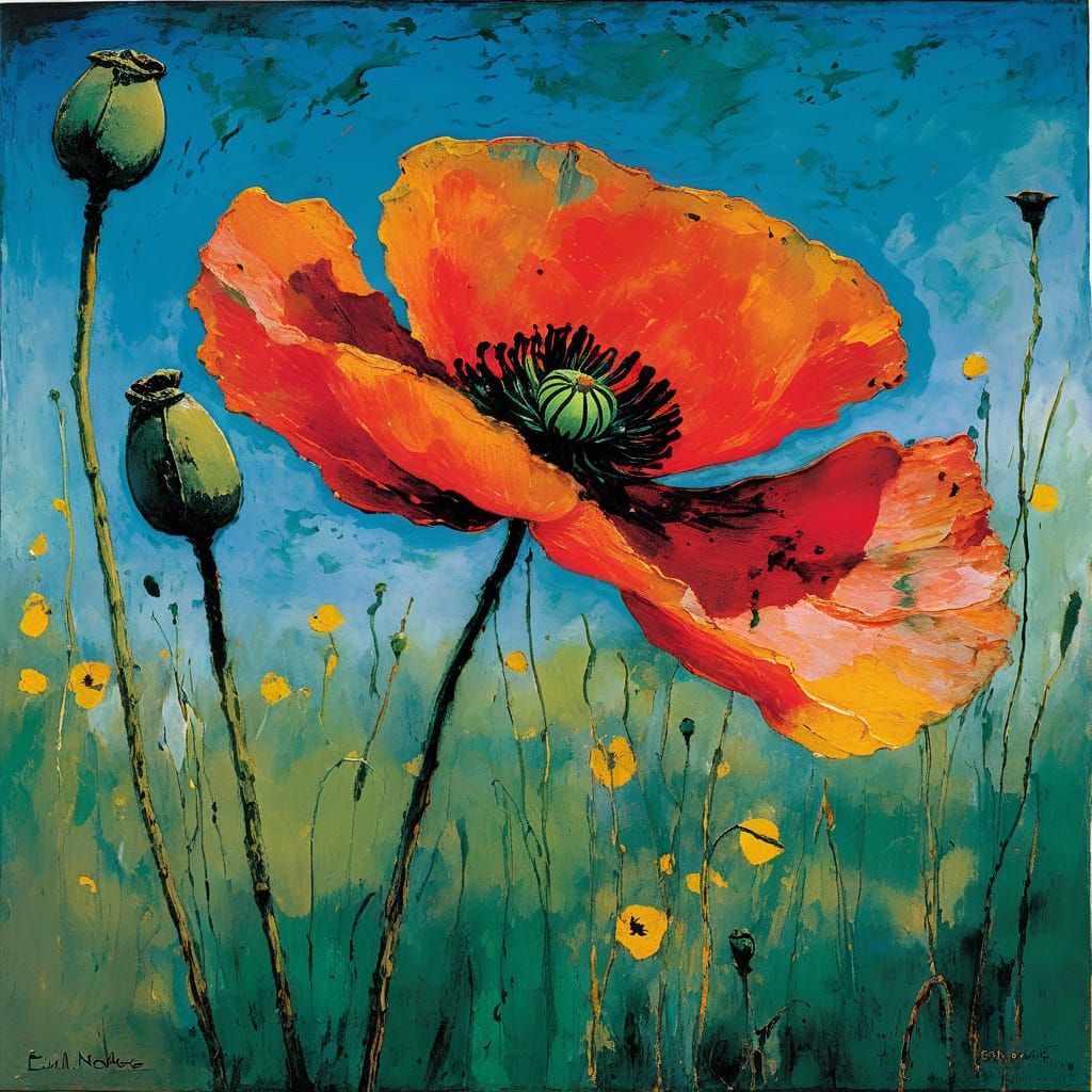 Vibrant Poppy Blossom in Abstract Expressionist Style