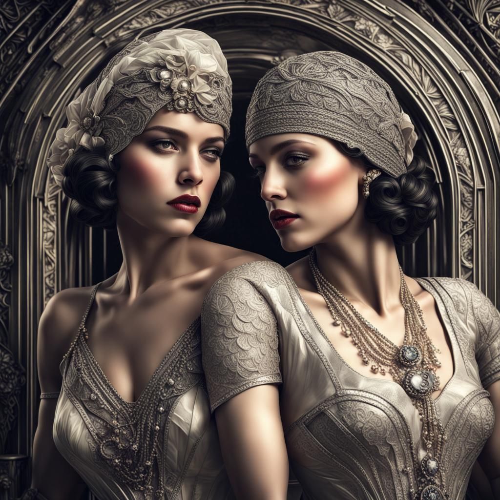 Art Deco Sapphic Embrace: Intricate and Detailed