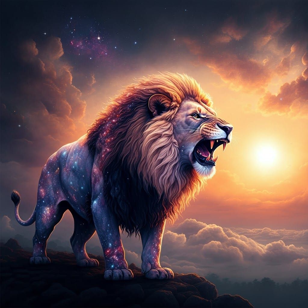 Celestial Lion Roaring in Space: Hyperrealistic Image