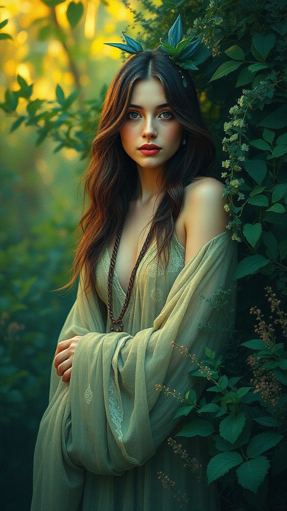 Ethereal Woman in Mystical Garden of Intuition