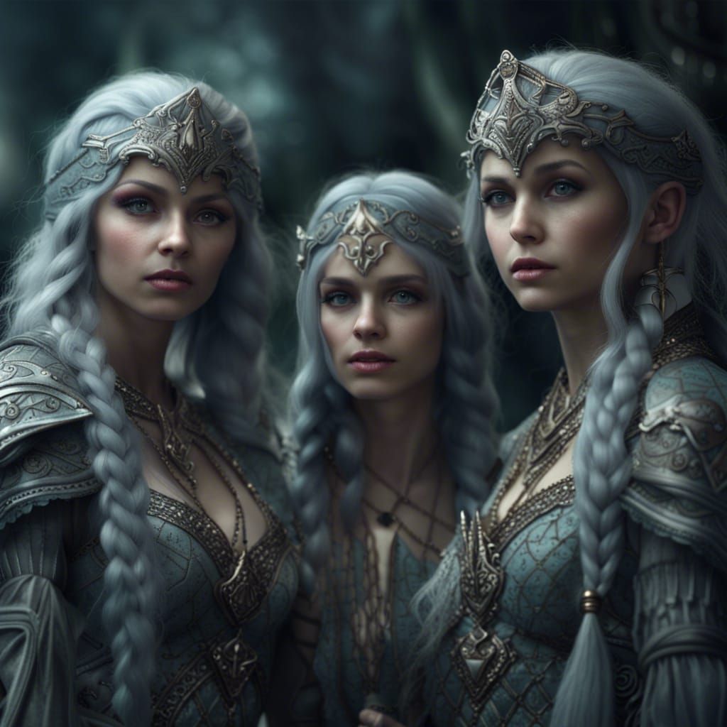 Three Grey-Skinned Elf Maidens in Digital Painting
