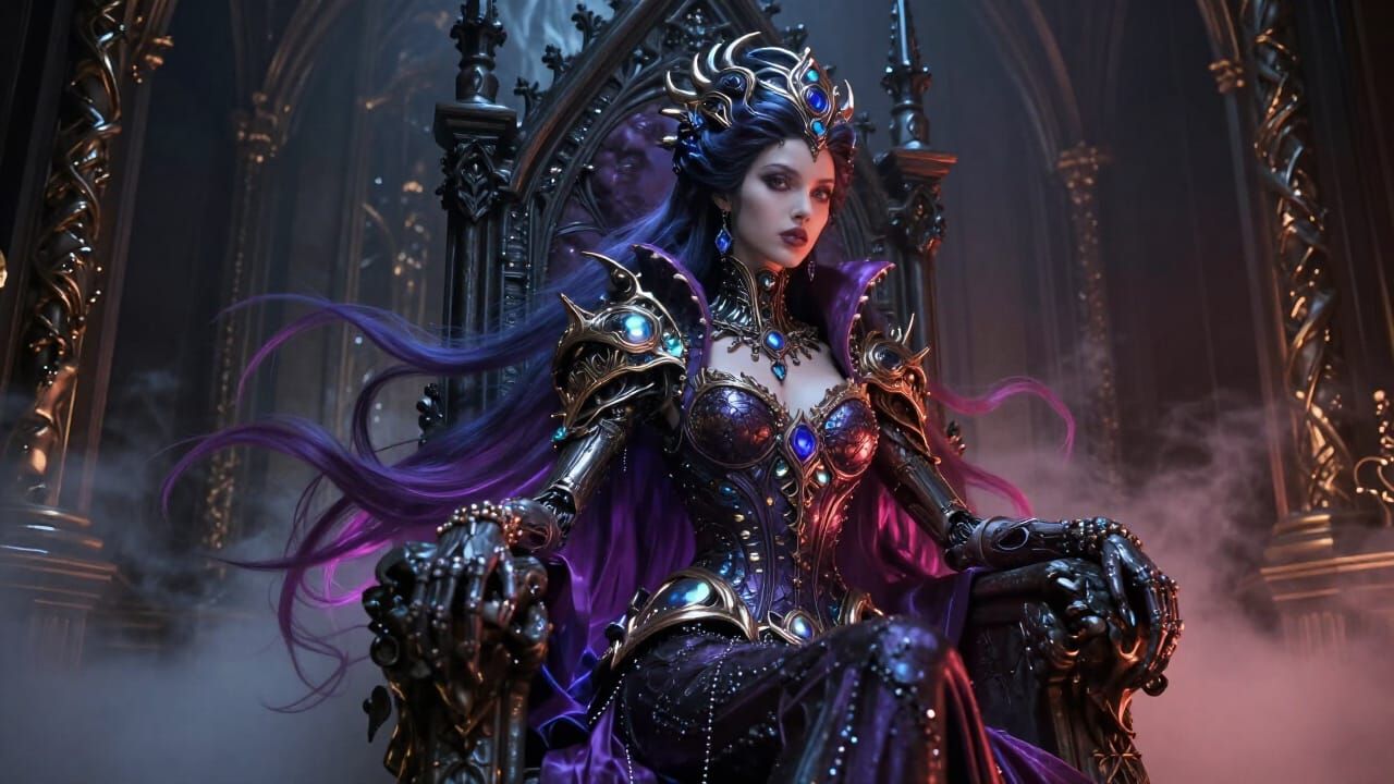 Regal Queen on Gothic Star Throne in Ethereal Mist