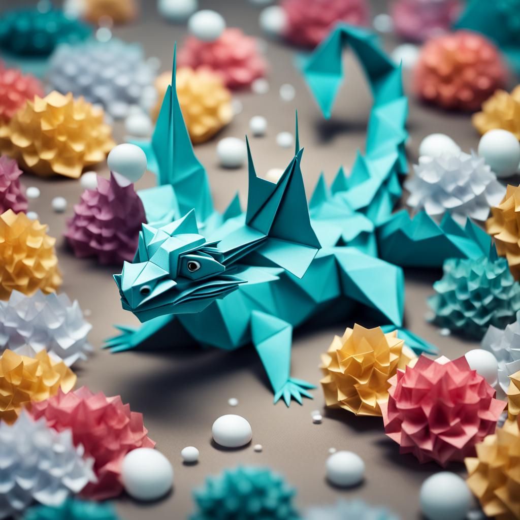 Origami Water Dragon Among Bubbles