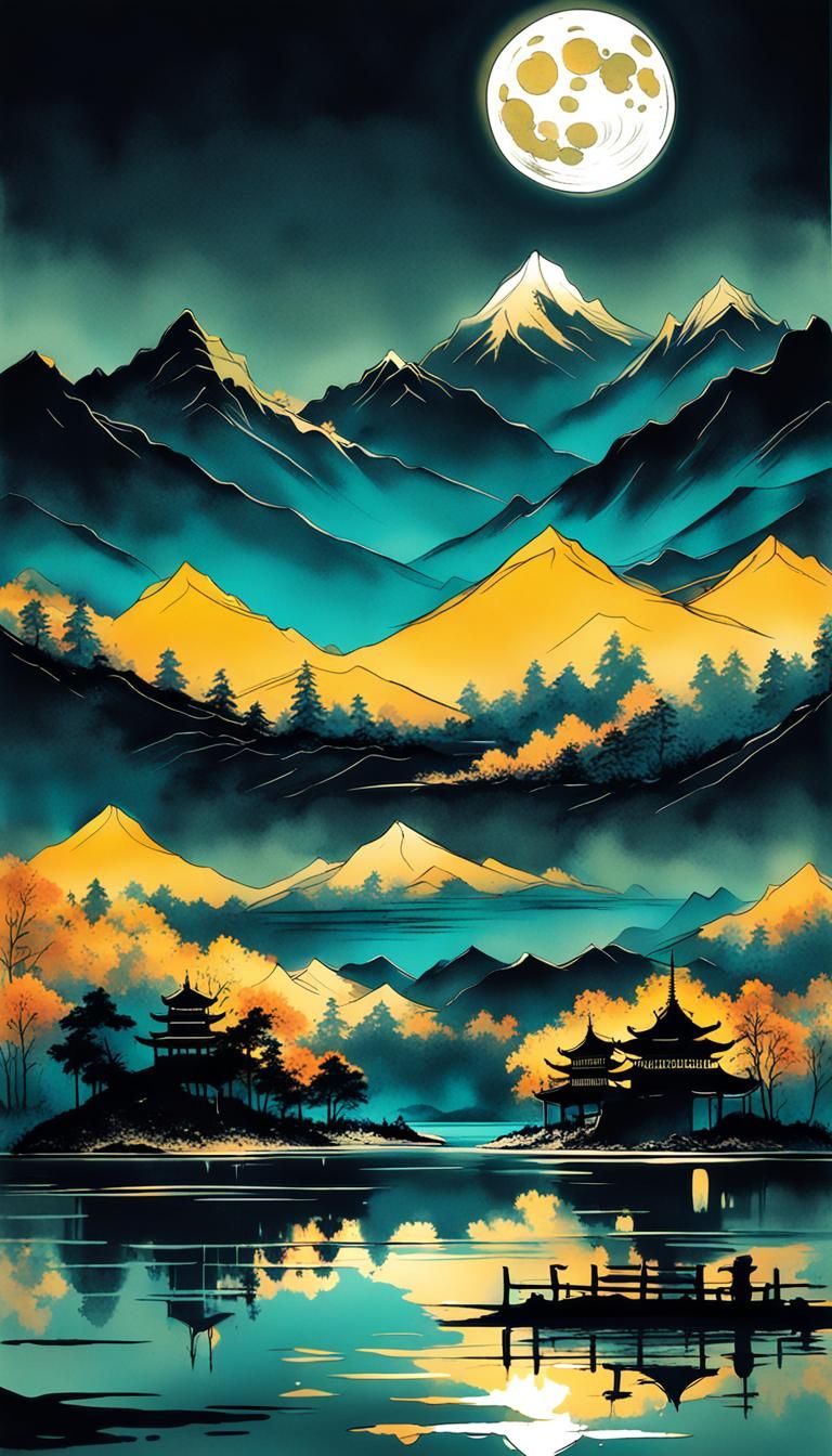 Neon Night: Moon and Mountains in Ink Painting
