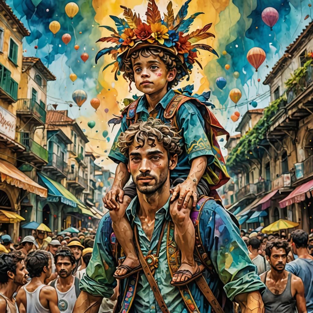 Brothers at Rio Carnival in Watercolor Style