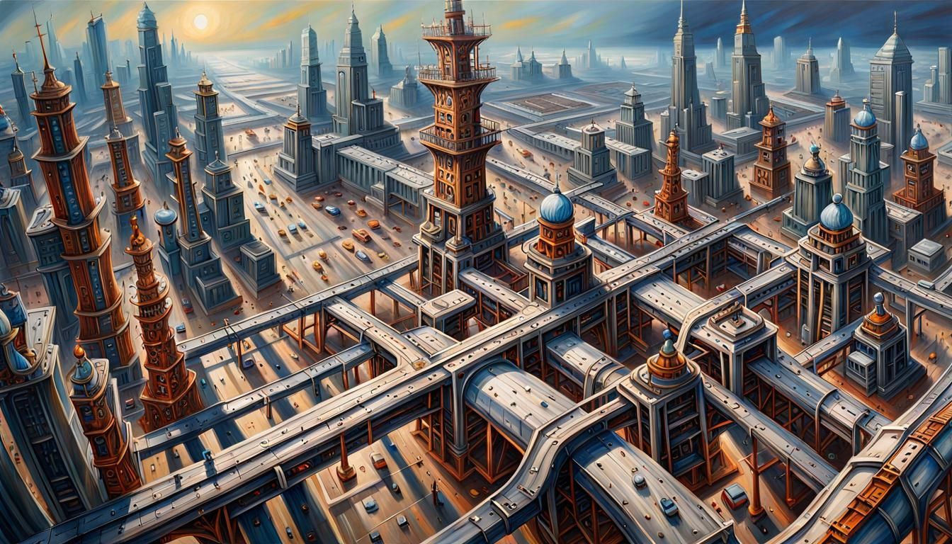 Futuristic Post-Industrial Wasteland Oil Painting