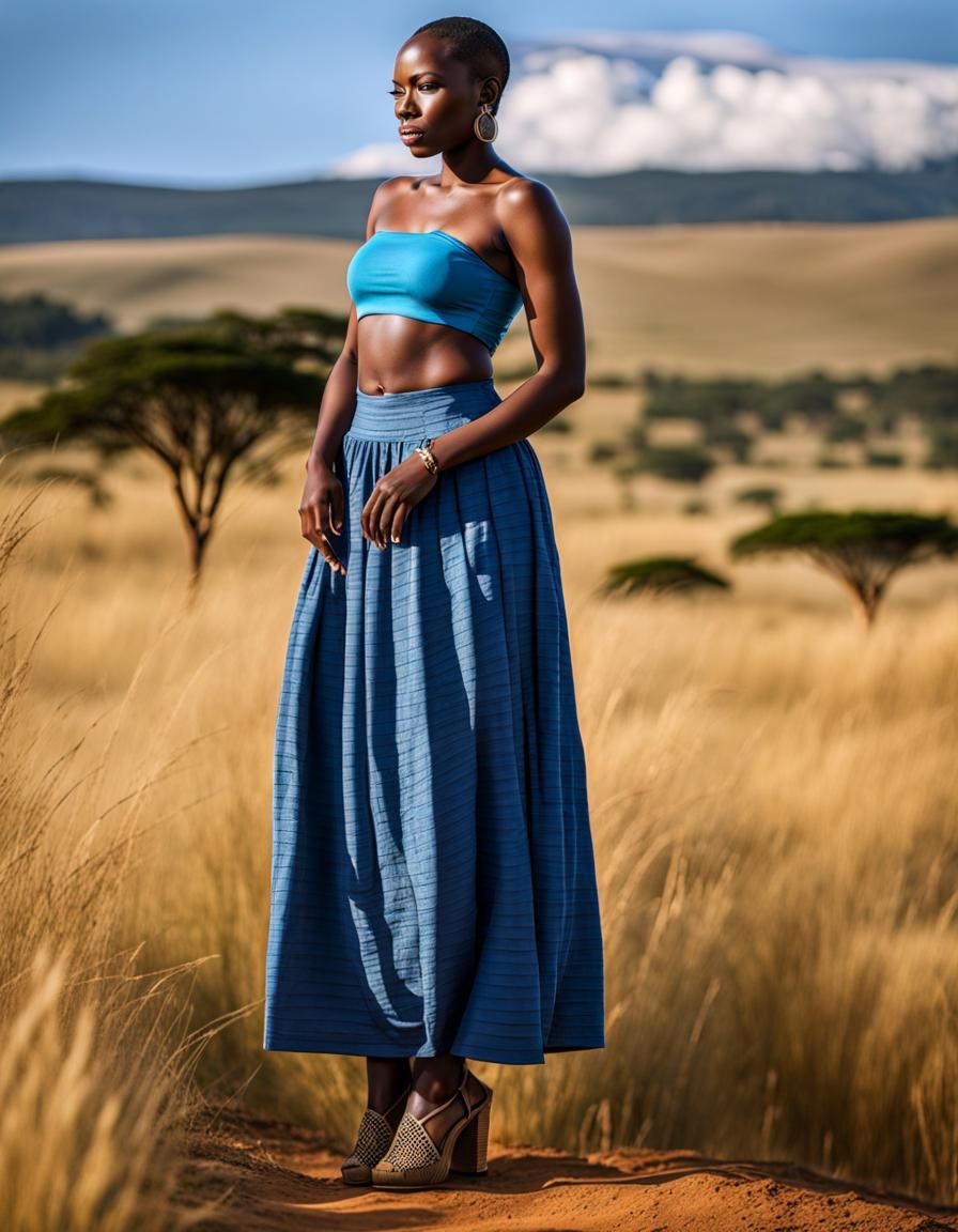 Bald Girl Posing on Kenyan Plains Fashion Photo