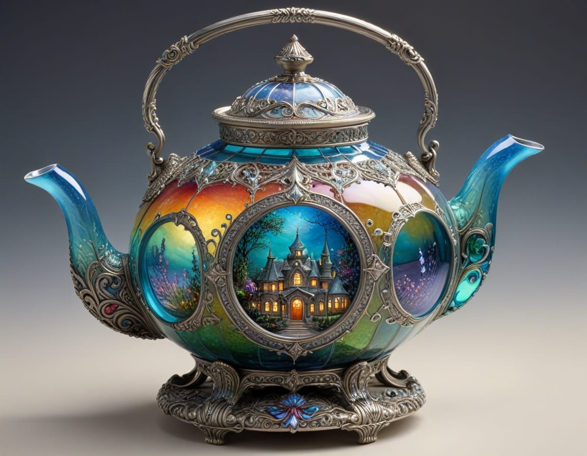 Fantasy Silver Teapot in Vibrant 3D Stained Glass Style