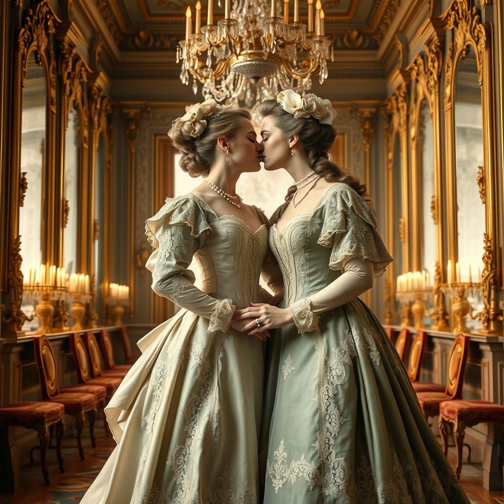 Elegant Ladies Share a Secret Kiss in Rokoko Palace