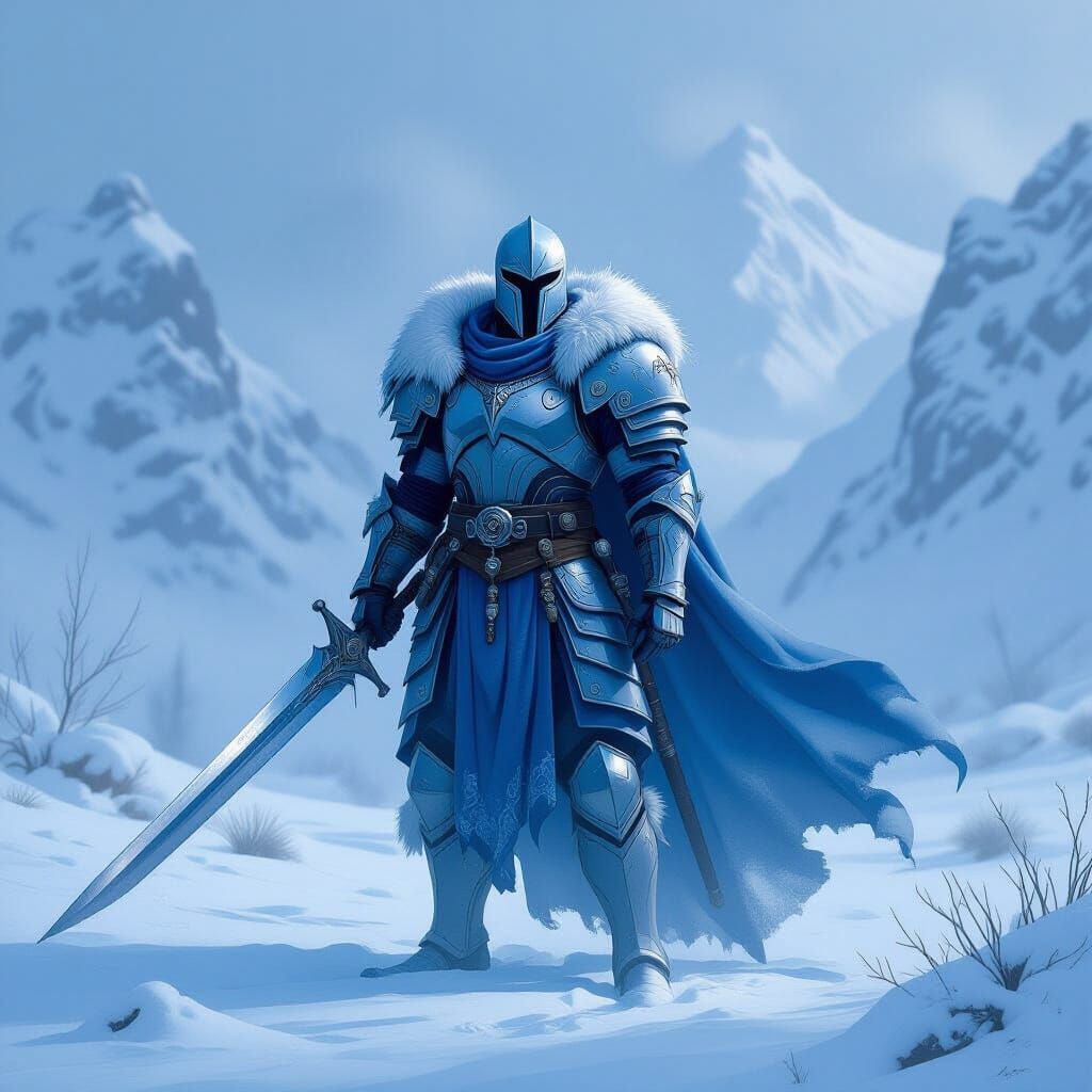 Icy Warrior in Snowy Landscape, Digital Art