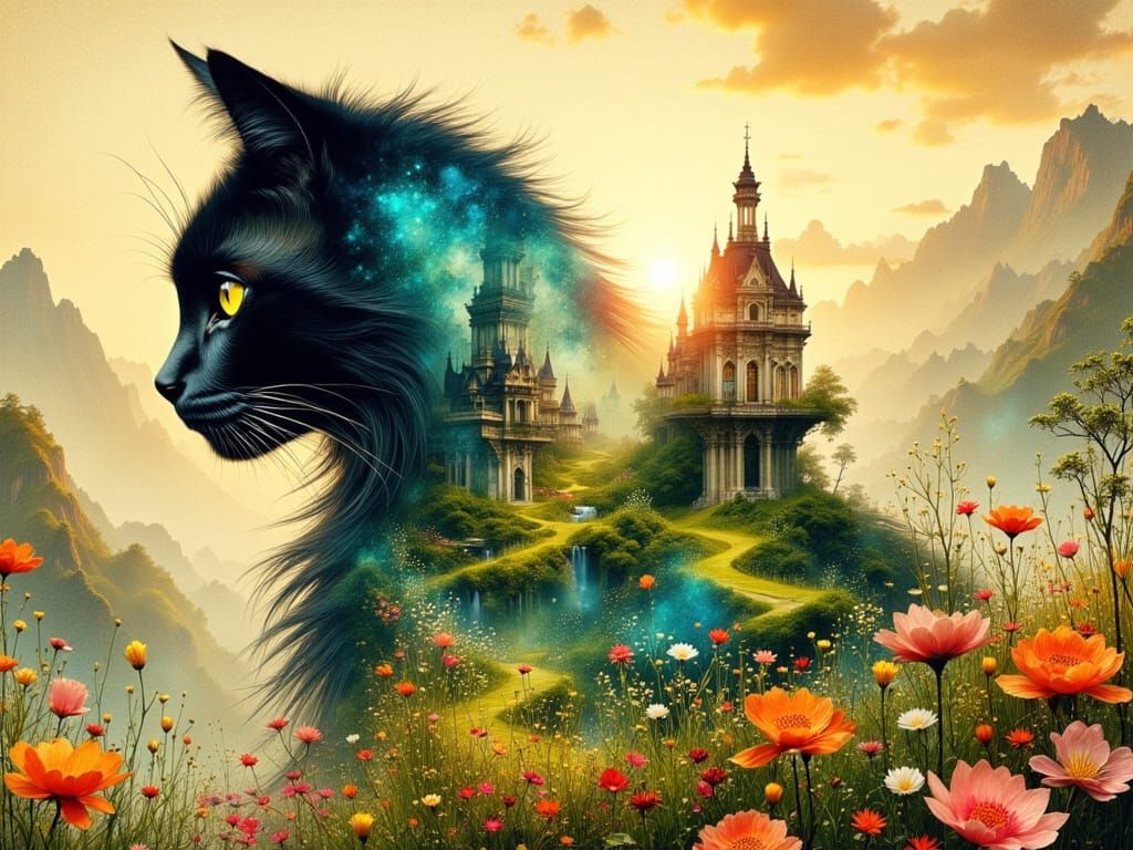 Black Calico Cat in Art Nouveau Cityscape