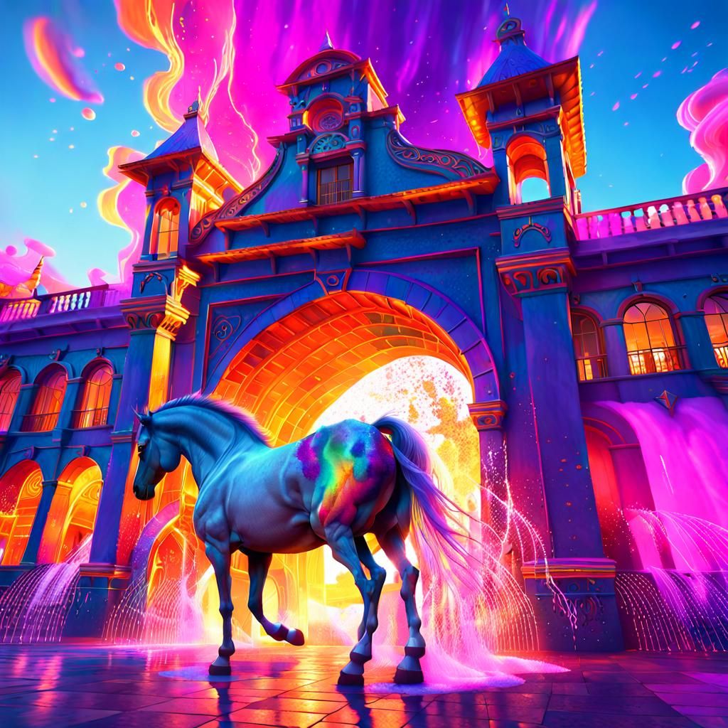 Horse Exits Mystical Building with Colorful Splashes