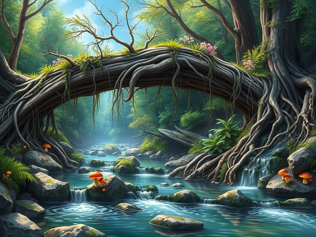 Majestic Living Root Bridge in a Serene Emerald Forest