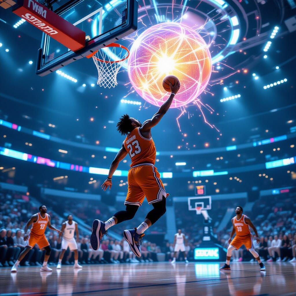 Futuristic Basketball Player Slam Dunk in Cyberpunk Arena
