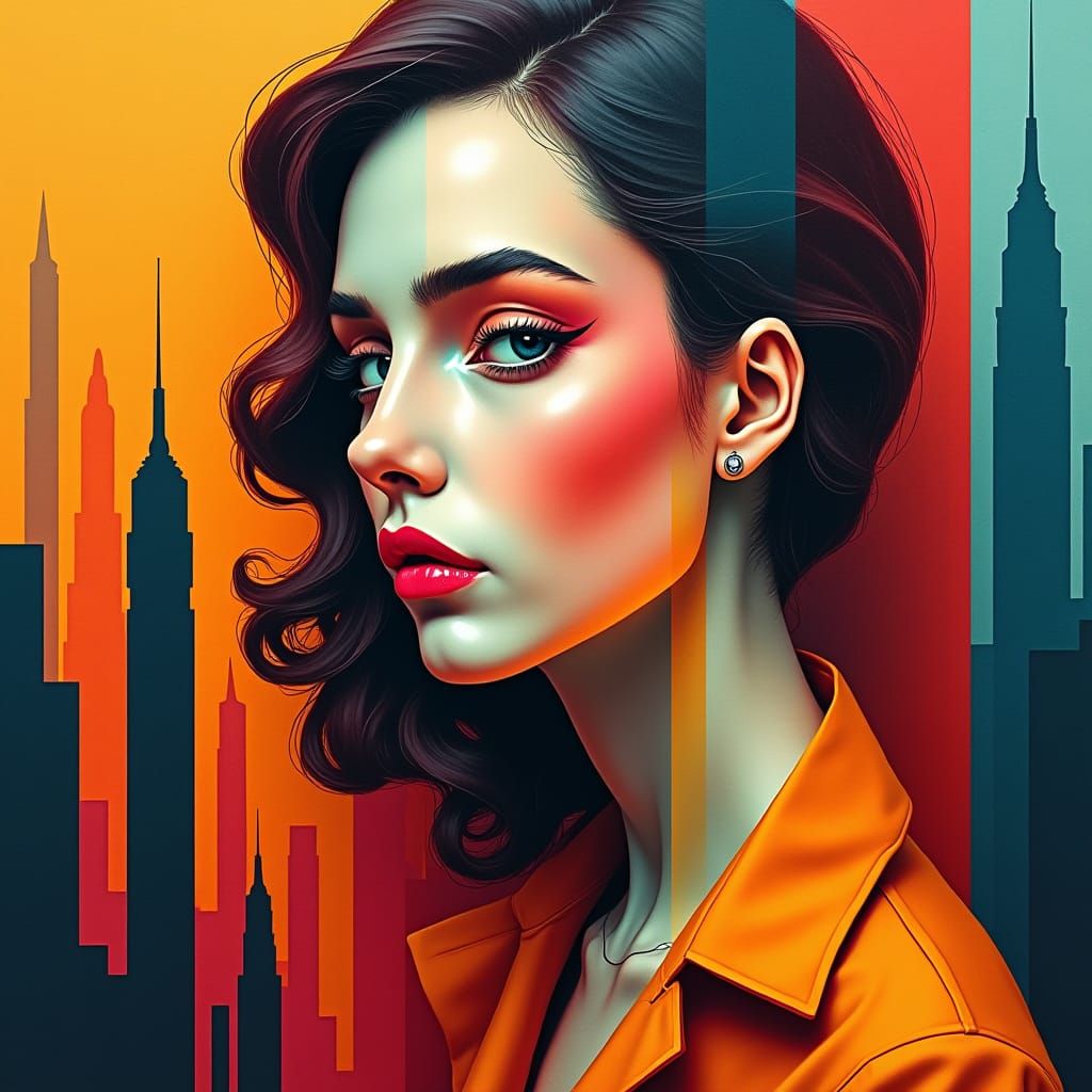 Geometric Woman in Art Deco Cityscape: Neo-Cubist Painting