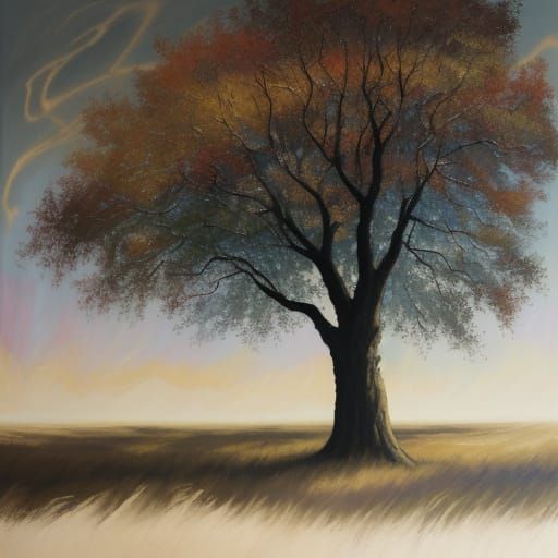 Neo-Impressionist Oil Painting of Time as a Growing Tree