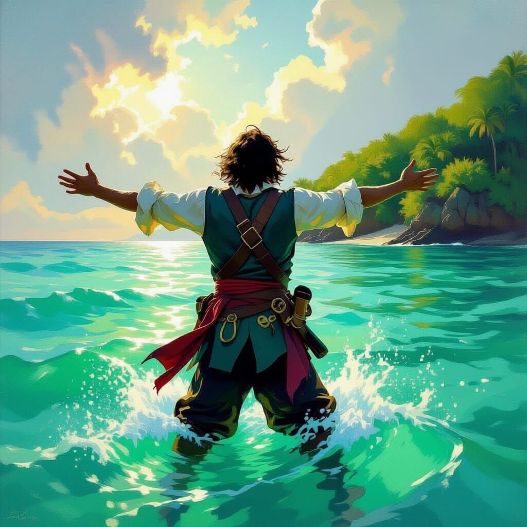 Pirate Captain Exhilarated in Green Sea Before Lush Island