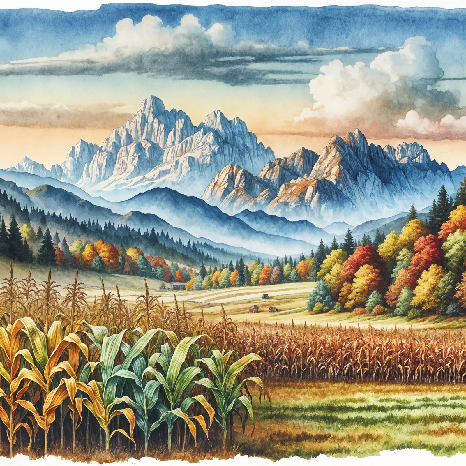 Autumn Cornfield Panorama in Watercolor and Ink