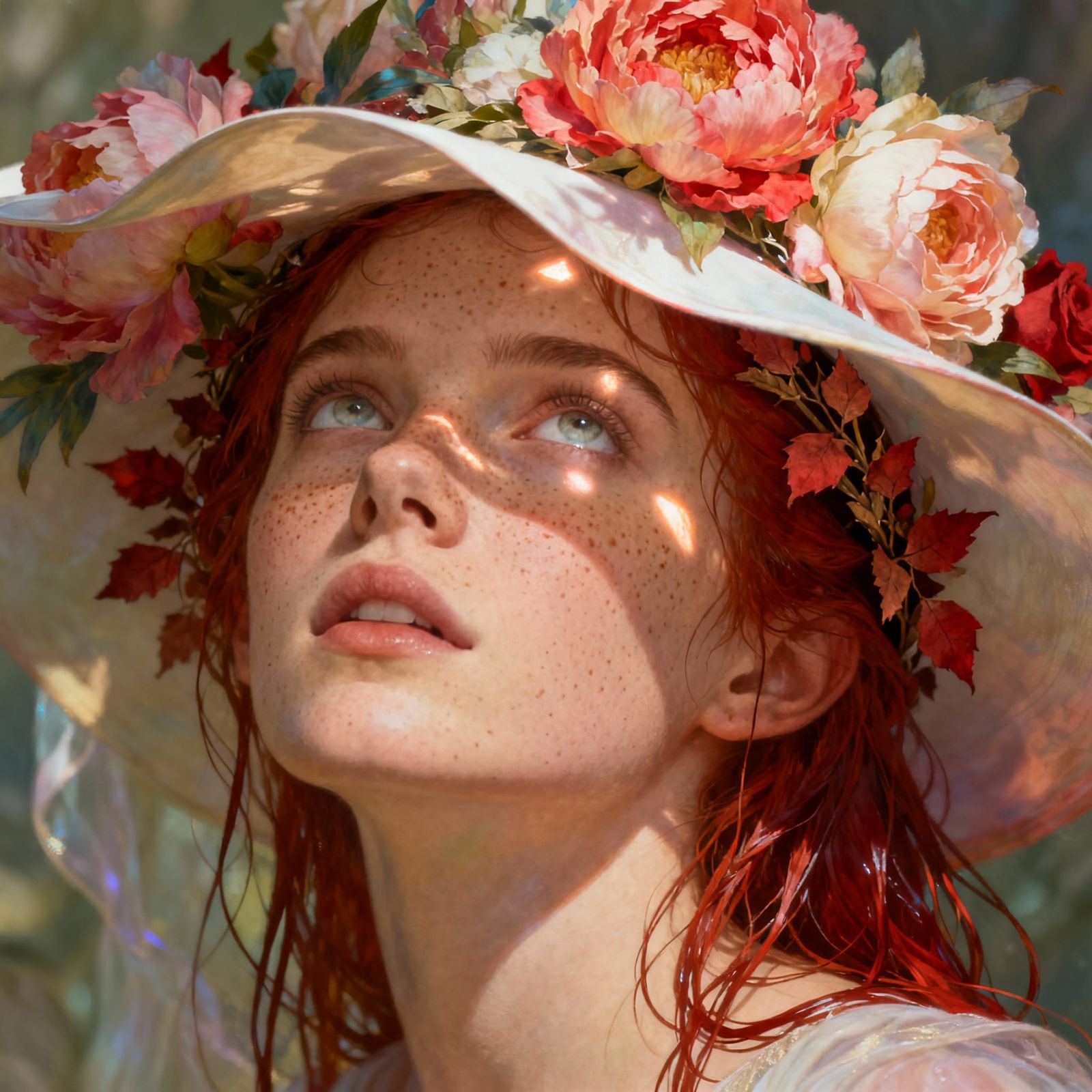 Ethereal Woman with Floral Hat Portrait