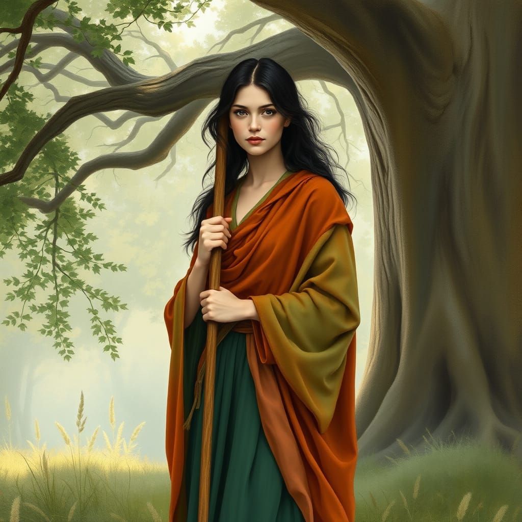 Ethereal Woman in Woodland Scene as Watercolor Painting