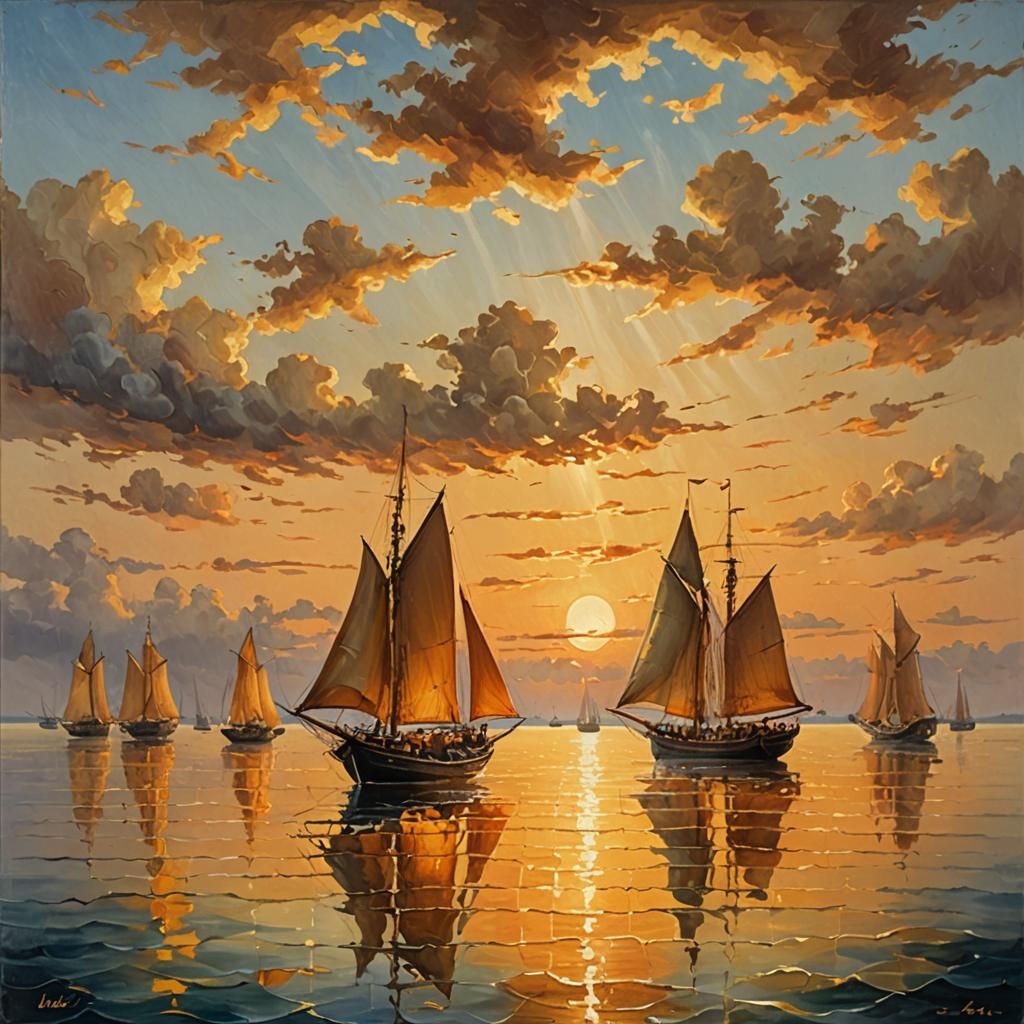Gourd Ships Sailing Toward Sunset: Romantic Oil Painting