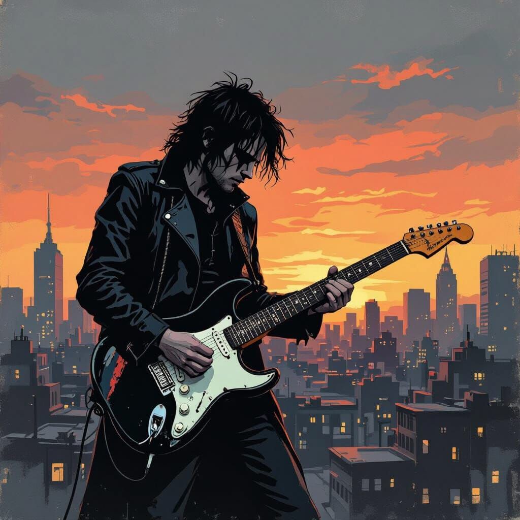 Gritty Cityscape Musician with Distorted Guitar