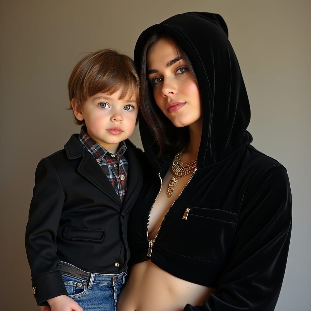 Boy in Vintage Clothes with Woman, Art Nouveau Style