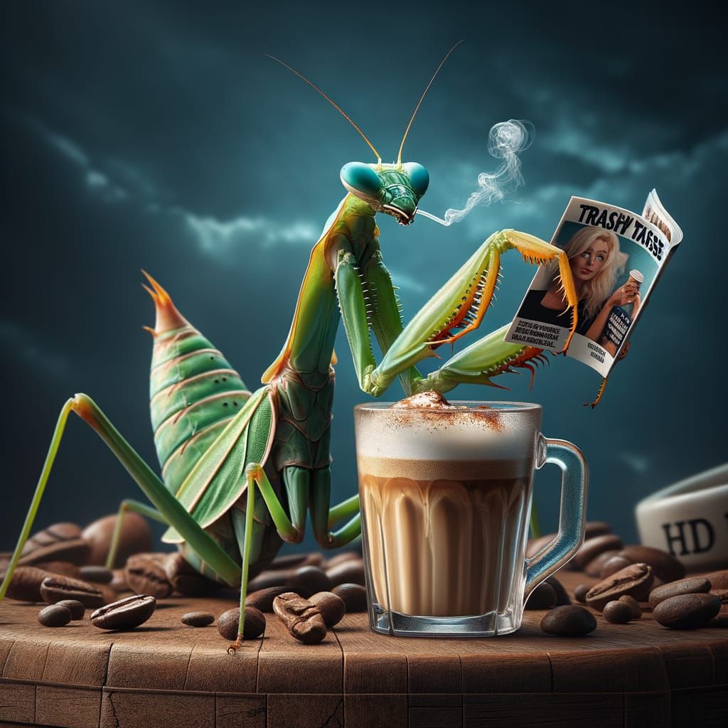 Praying Mantis Enjoying Latte, Hyperrealistic HDR