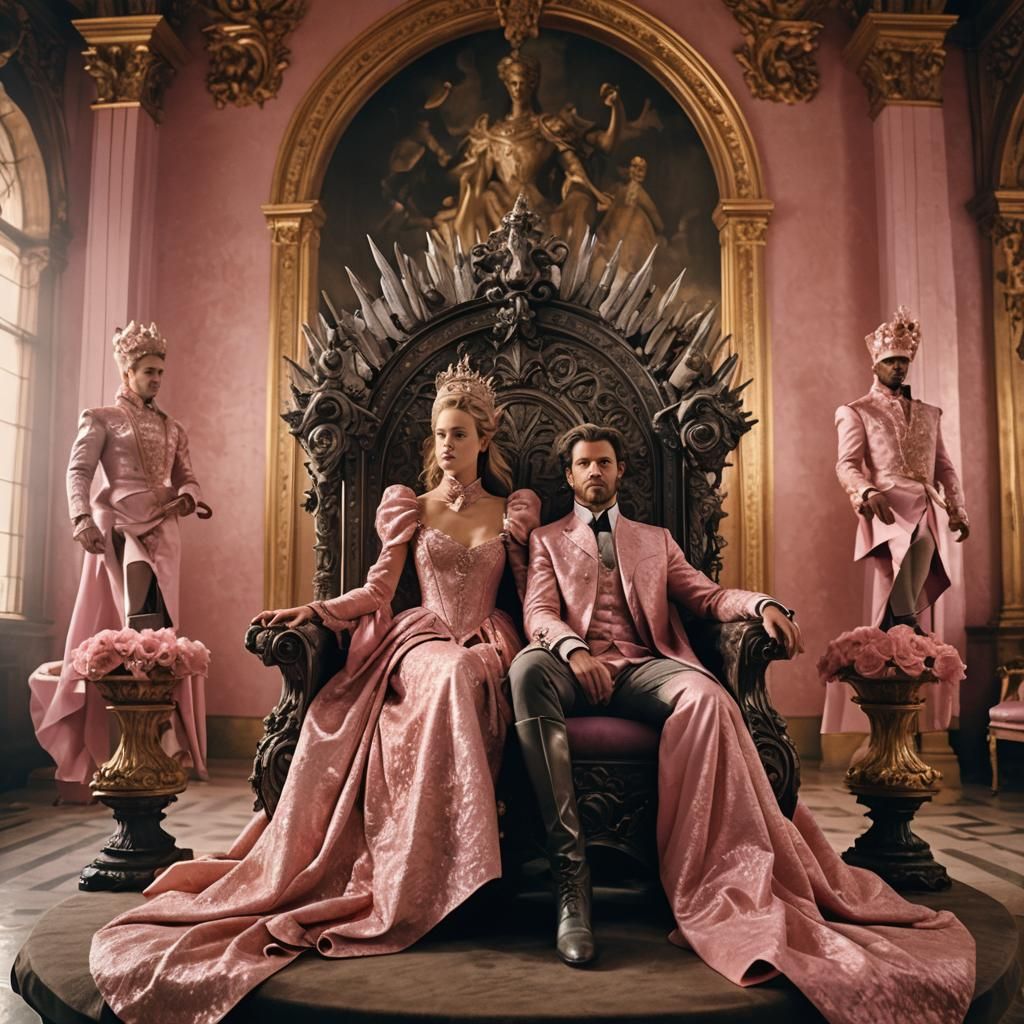 Baroque-Style Film Still of Woman on Titanium Throne